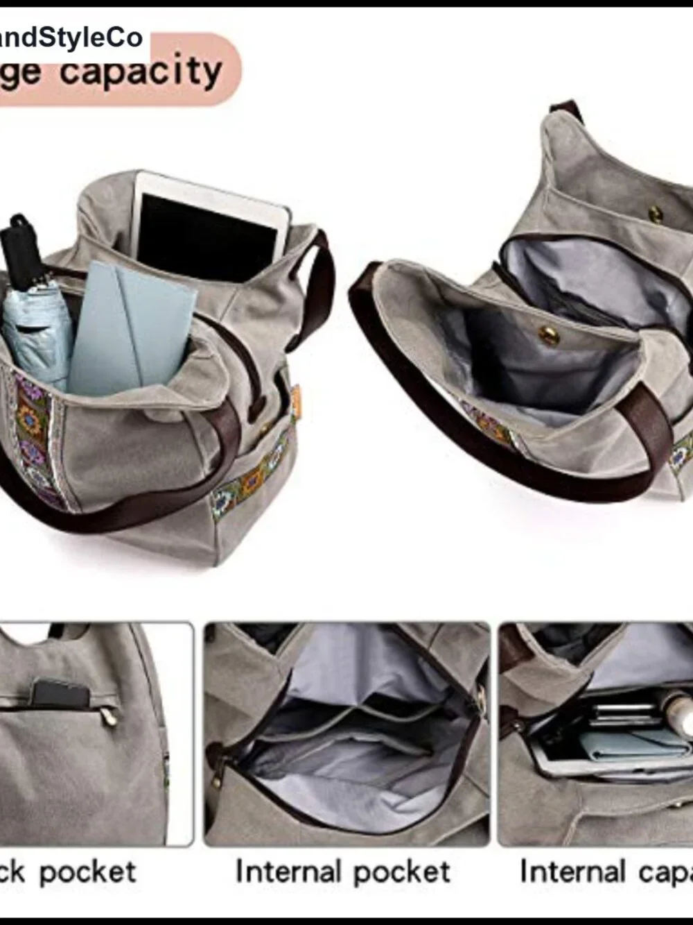 Canvas Hobo Purse Multi Pocket Tote Shoulder Bag Embroidery Ethnic